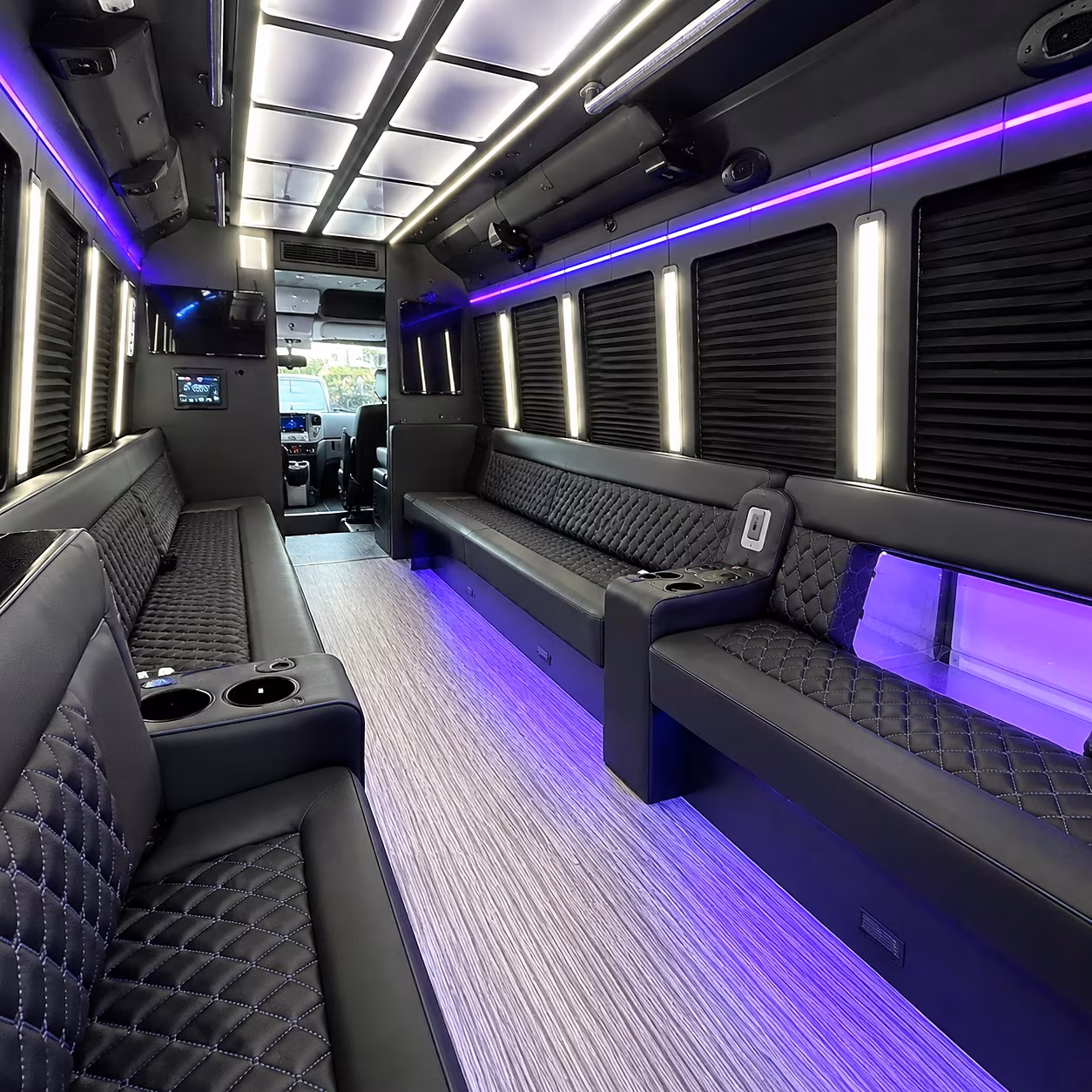 Passenger seating aboard a party bus rental serving Manhattan